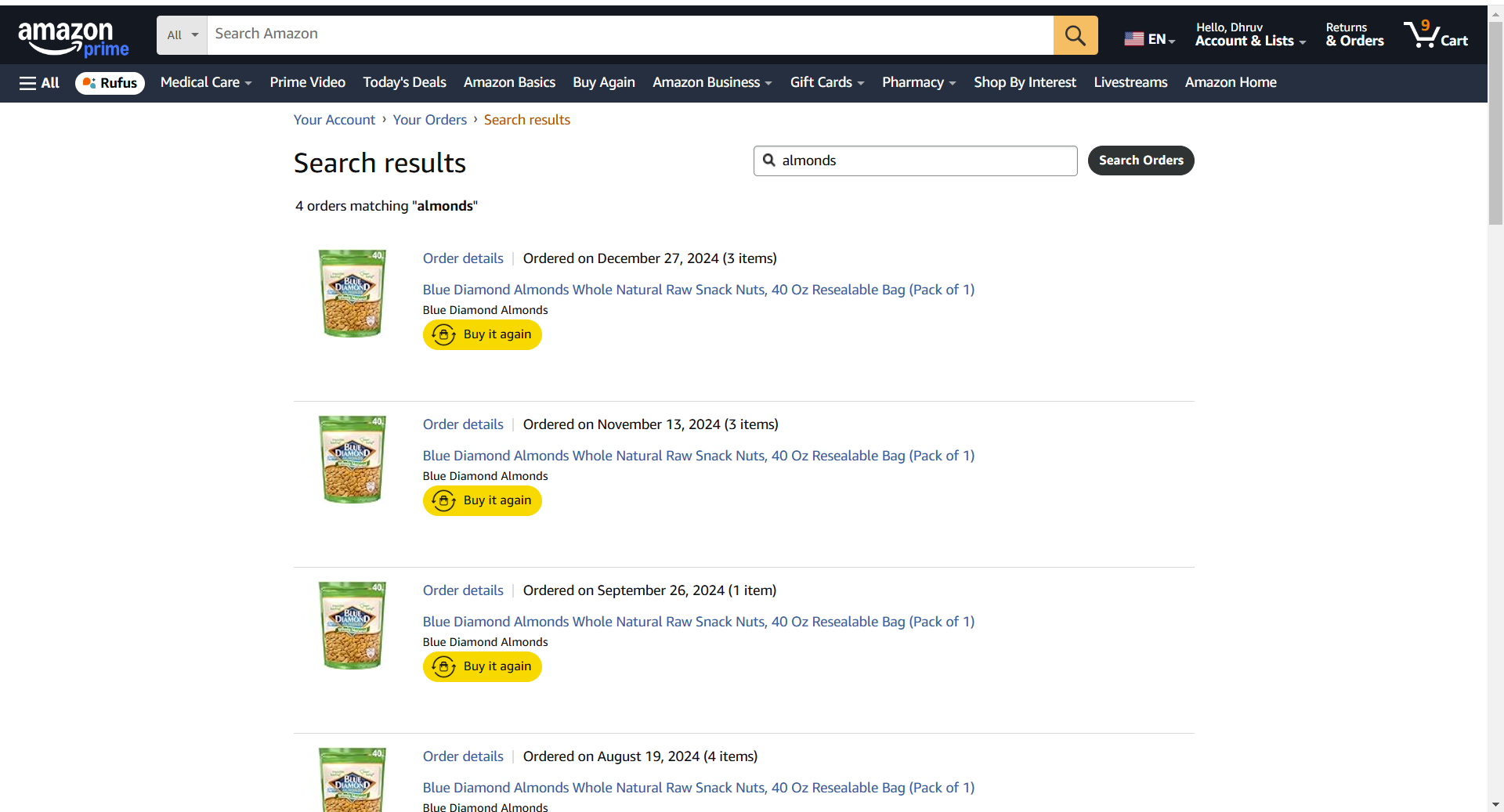 Amazon order history for almonds