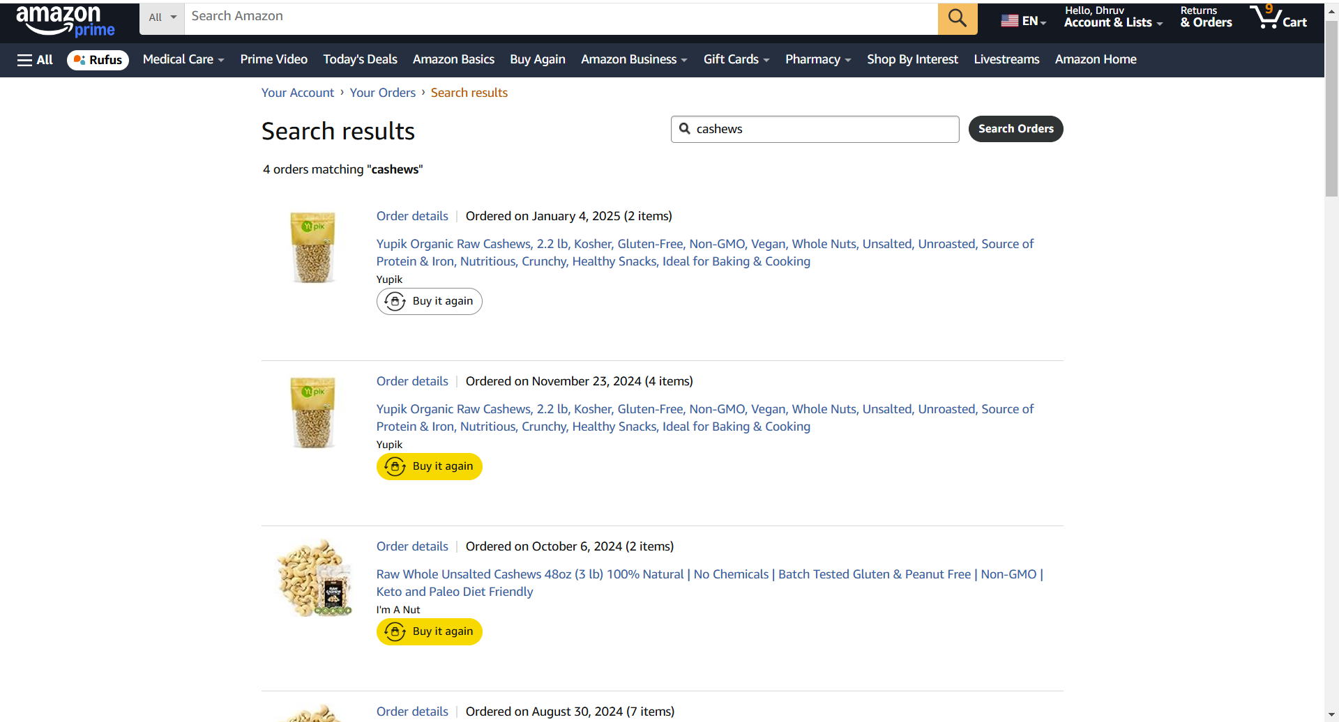 Amazon order history for cashews