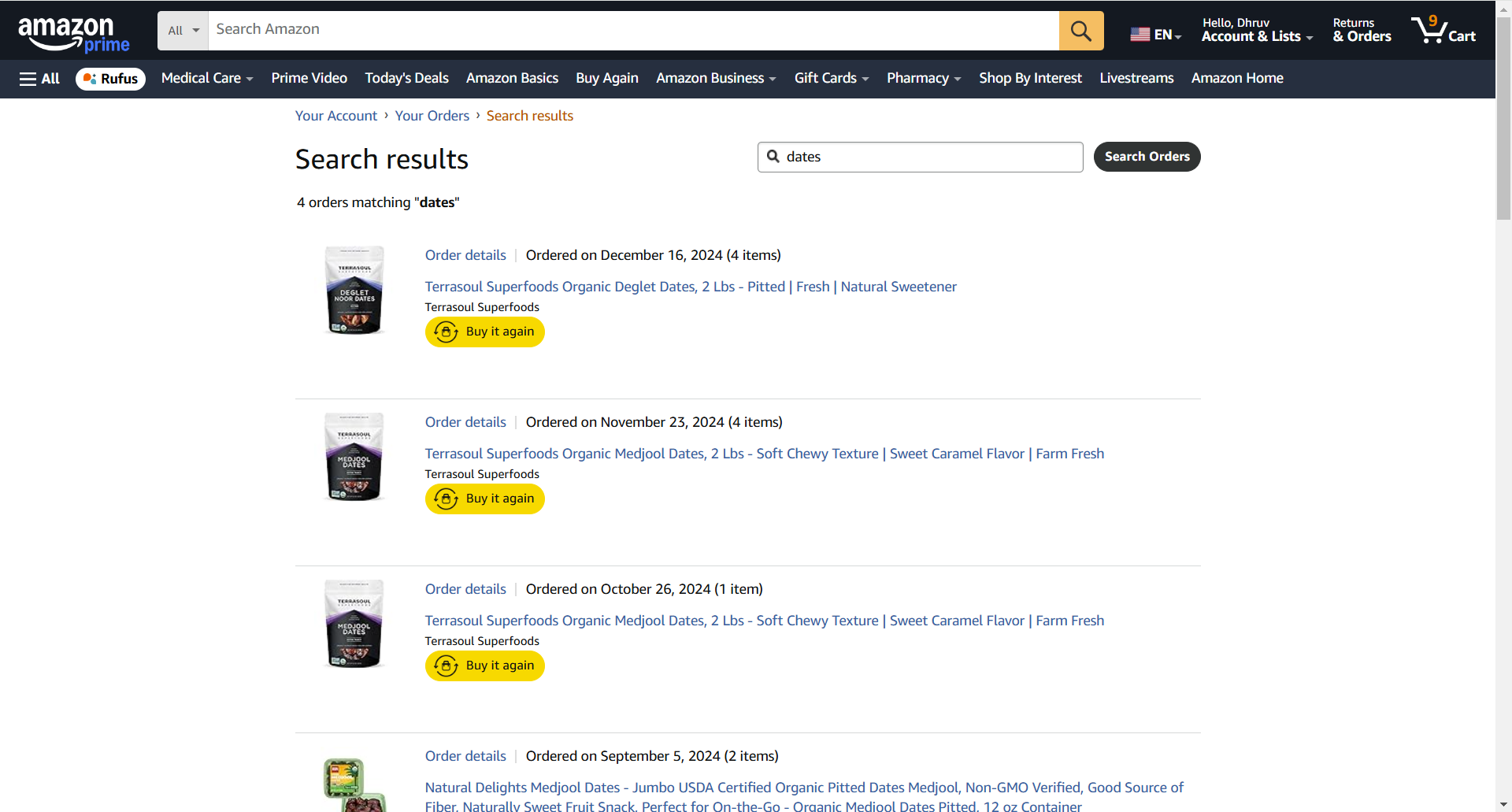 Amazon order history for dates