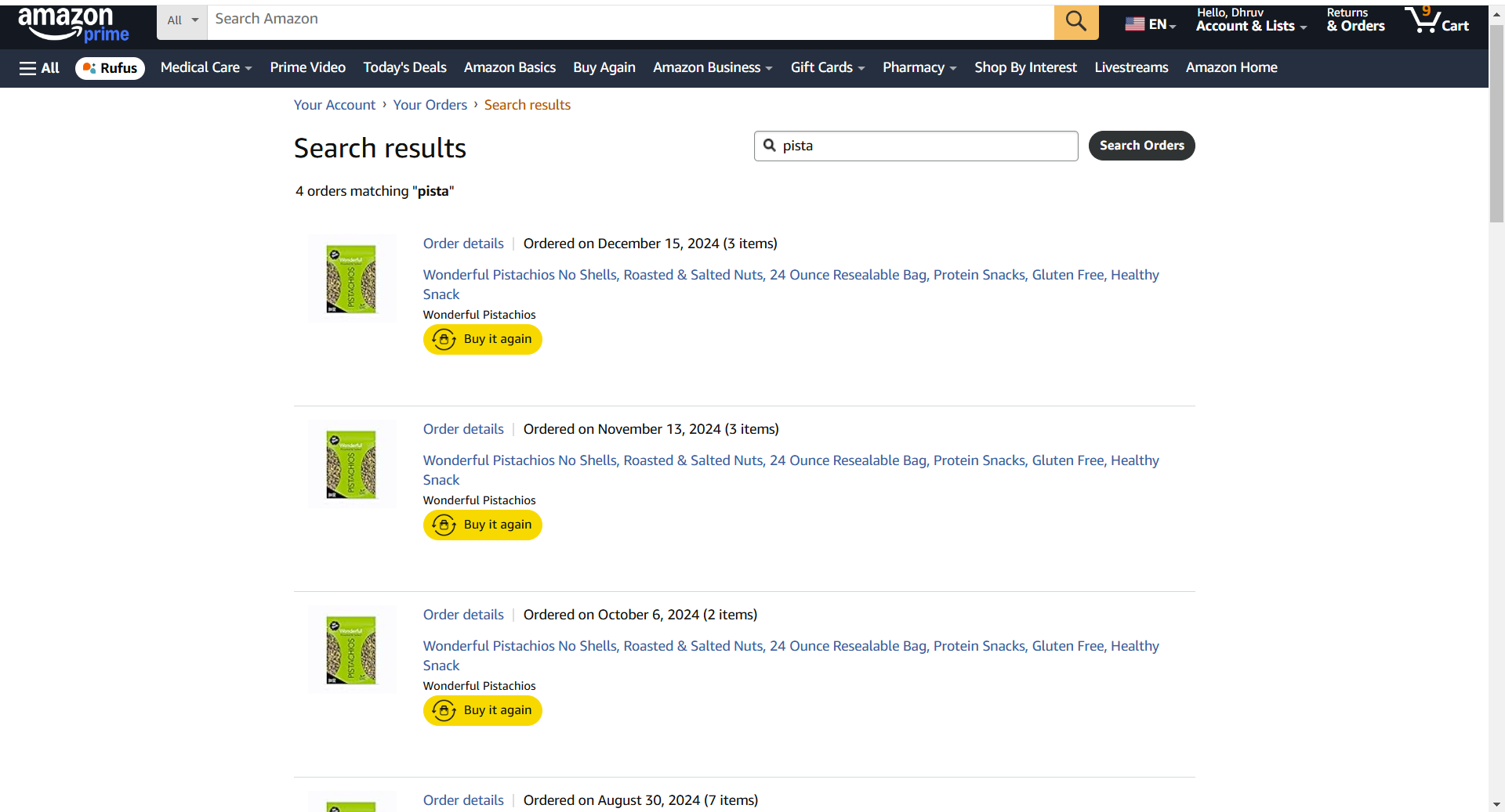 Amazon order history for pistachios